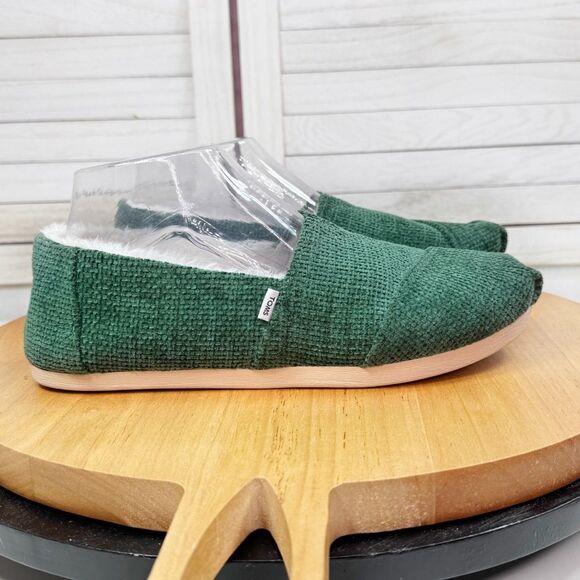 TOMS Alpargata Chenille Faux Fur Lined Slip On Flats Shoes Forest Green 8 - Picture 1 of 10